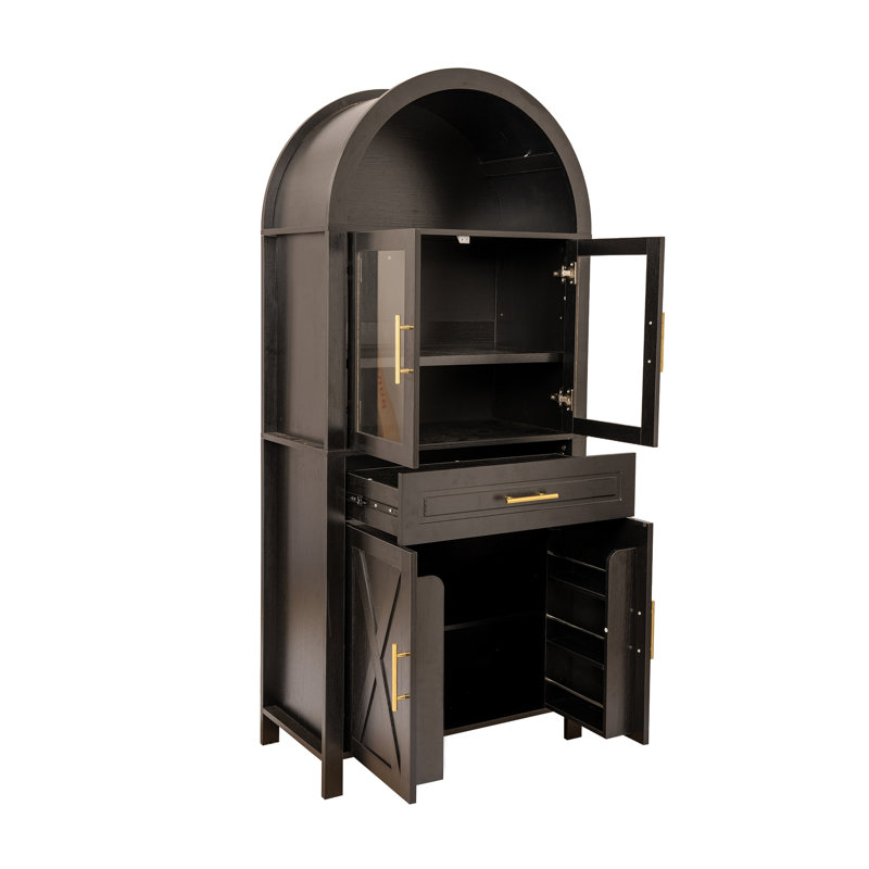 Armoire de cuisine 71 po en bois aggloméré noir avec porte en verre arquée, tablettes réglables et porte de grange pour le rangement de la salle à manger