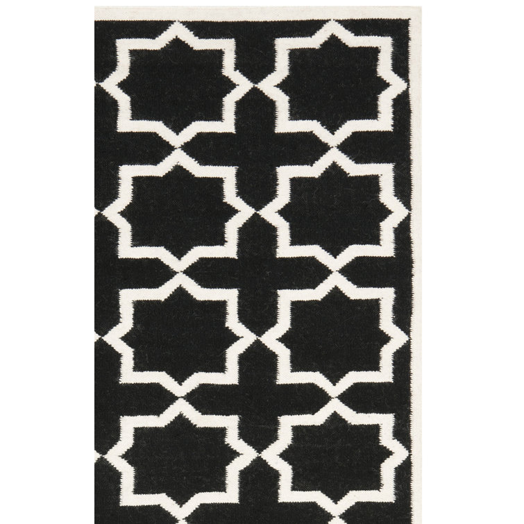 Rodgers Hand Woven Flat Weave Wool/Cotton Geometric Rug in White/Black