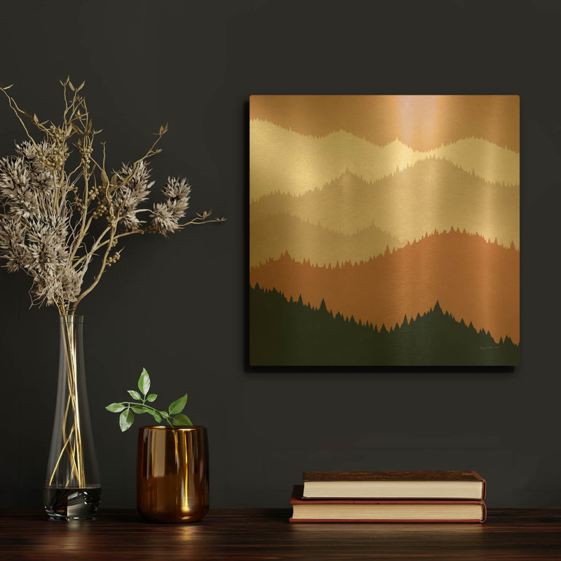 Vue sur la montagne en terre cuite de Ryan Fowler, tableau mural en métal doré, 30,5 cm x 30,5 cm, 12 po x 12 po