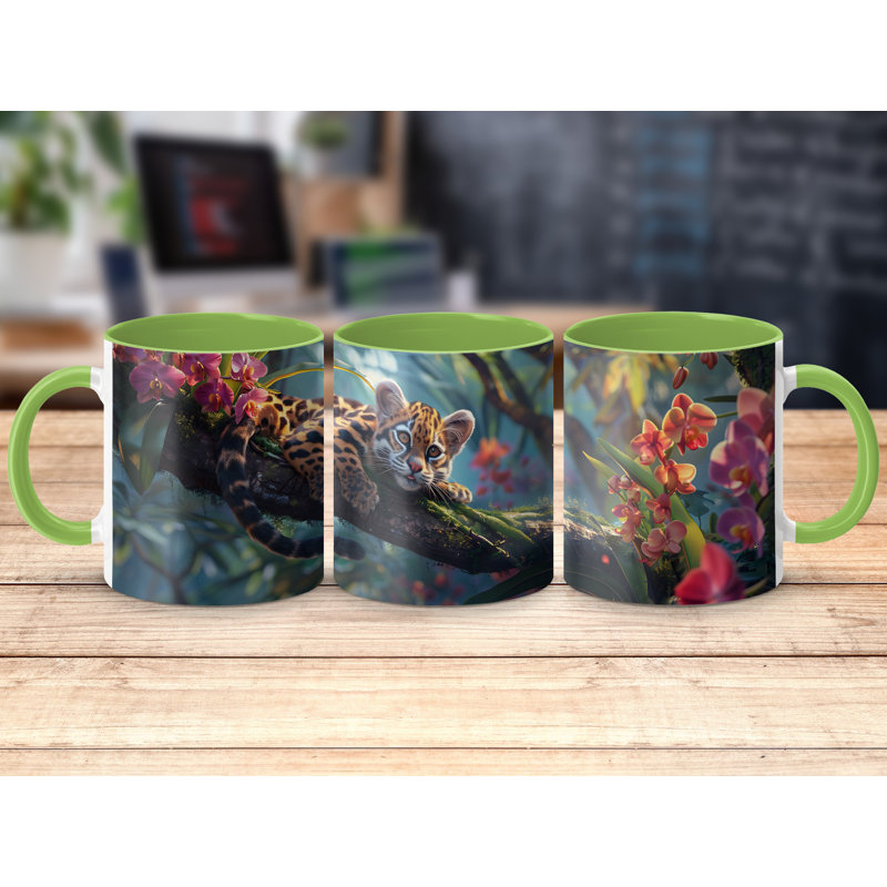 Set of 2 Realistic Animal Design 11oz Accent Mugs – Ceramic Coffee Cups with a Navy Handle and Interior