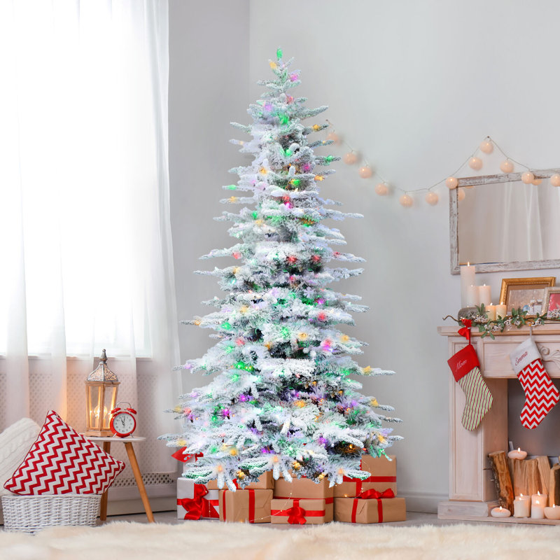 7.5-Ft Flocked Pine Artificial Christmas Tree with Multicolor LED Lights