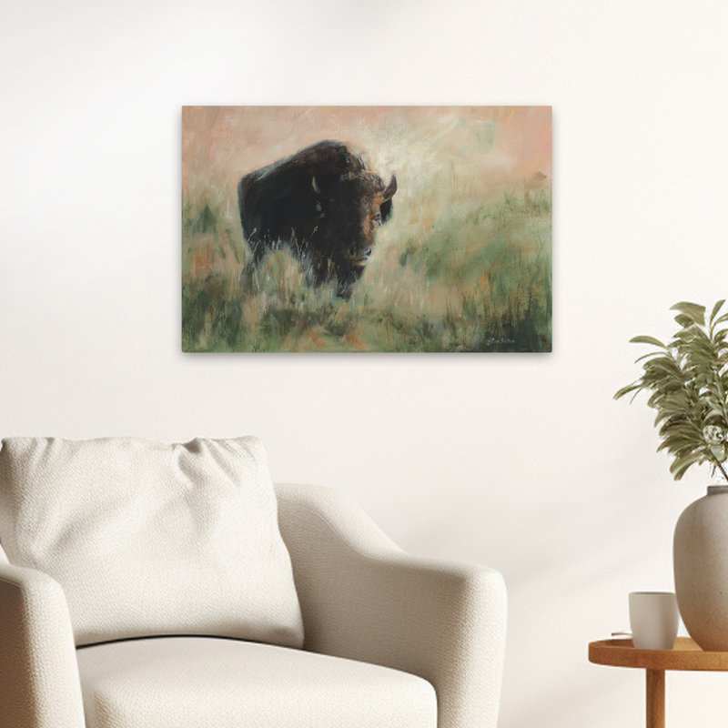 Bison in the Mist - Contemporary Landscape Brush Bison Art, H 24 po x l 16 po