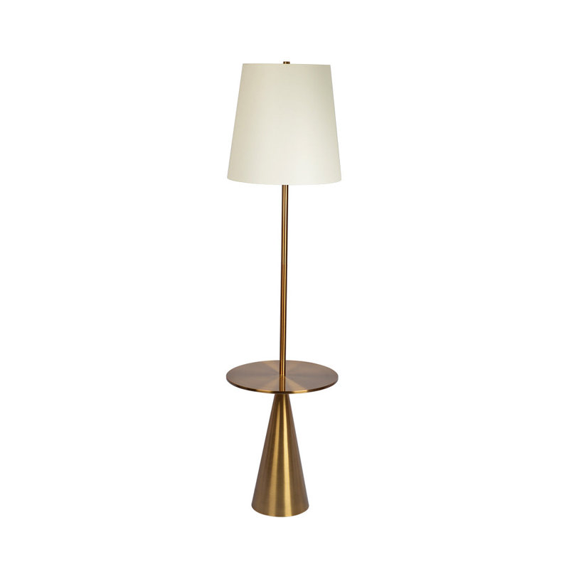 Celestial Modern Floor Lamp with Brass Accent Table - Large White Linen Shade, Contemporary Lighting for Living Room & Bedroom