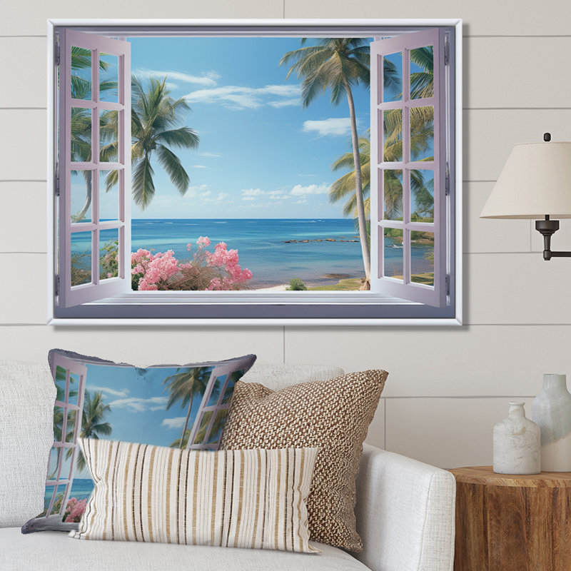 Vue sur l'océan tropical à travers une fenêtre blanche ouverte - art mural sur toile côtière, H 12 po x l 20 po x P 1 po