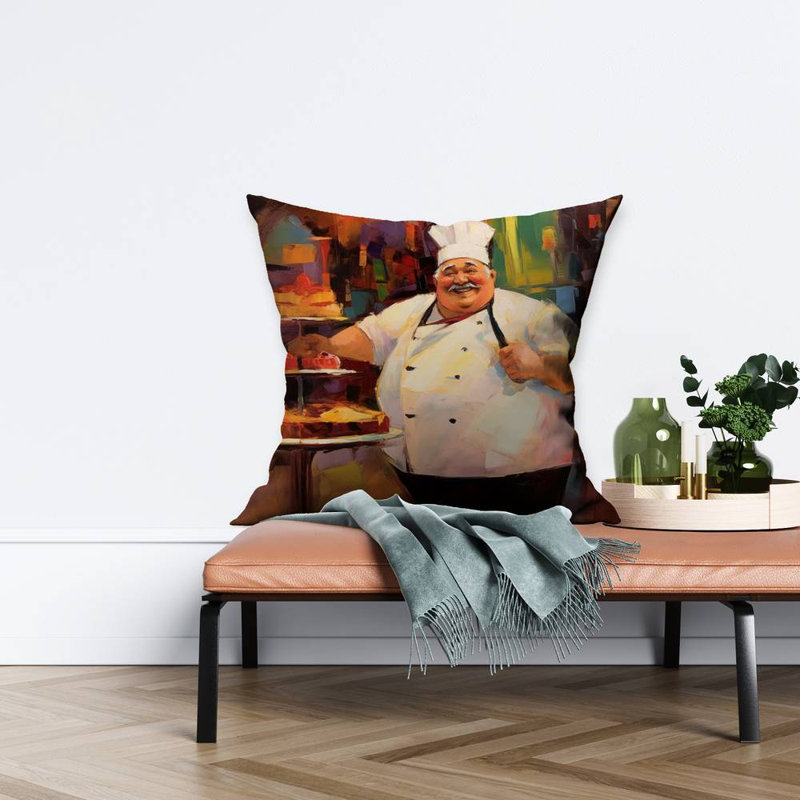 Jolly Chef Kitchen White Poly Twill Throw Pillow – Poly Twill Throw Pillow with Insert, Double-Sided Print