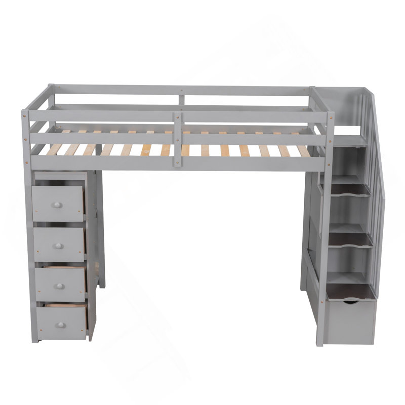 Lit mezzanine simple avec tiroirs et tiroirs de rangement, lit mezzanine en bois avec tablettes - gris, Gris