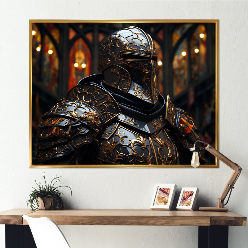Chevaliers médiévaux II - art mural militaire, Cadre flottant doré, H 30 po x l 40 po x P 1,5 po