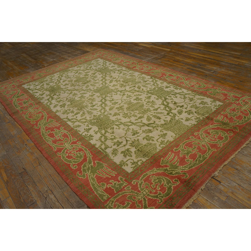 Rectangle Hand Knotted Pile Wool Ivory Beige Cream White Antique Allover Floral 1930s Rug