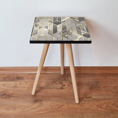 Modern Side Table with Beech Wood Legs, Grey & Gold Finish, 13.8 x 16.5 x 13.8 inches | 100% MDF Construction, Thickness: 0.7 inches | Stylish Geometric Design Perfect for Living Room & Bedroom Decor