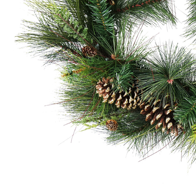 Couronne de Noël artificielle mixte en pin avec pommes de pin et paillettes dorées - 30 pouces