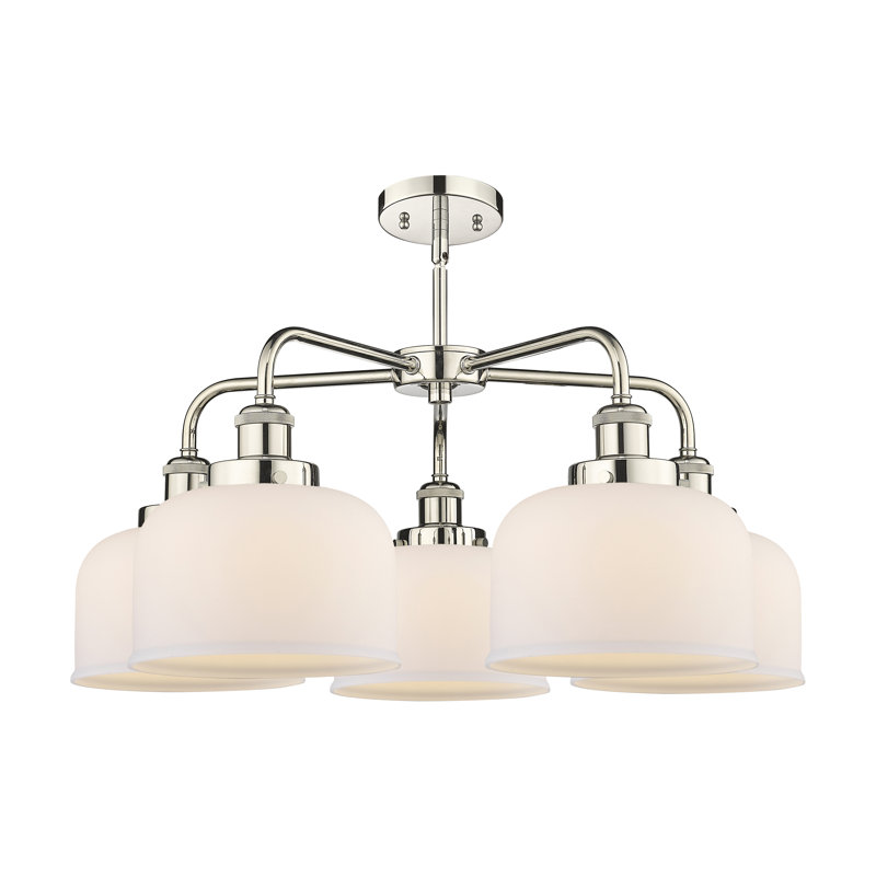 Lustre en verre à 5 lumières Bell, Blanc mat, Nickel poli