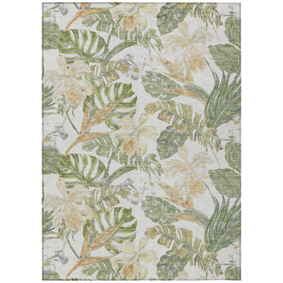 Arpin 9' X 12' Ivory Wheat And Olive Green Botanical Leaves Washable Indoor Outdoor Area Rug