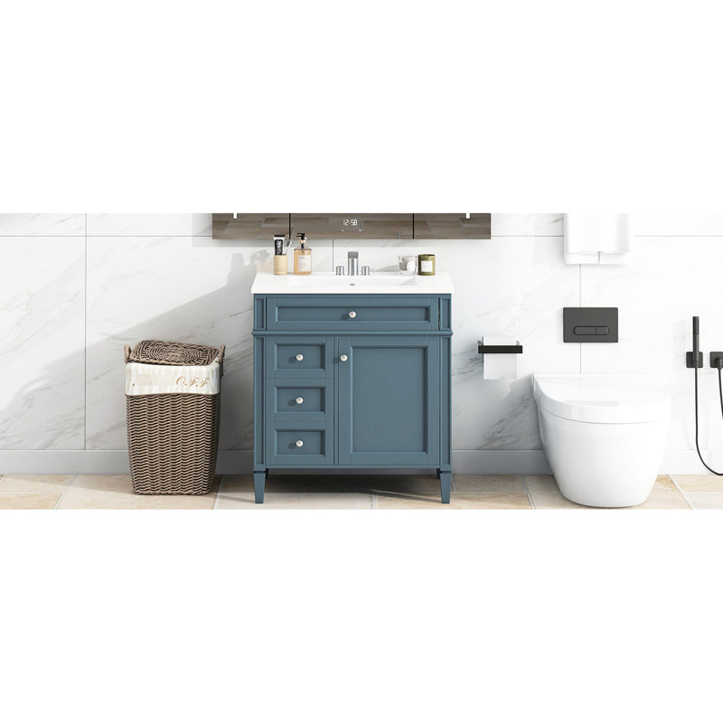 Meuble-lavabo de 30 po avec lavabo en céramique, glissières de tiroir en métal lisse et pieds romains exquis pour un rangement élégant et moderne, tablette fonctionnelle ajustable