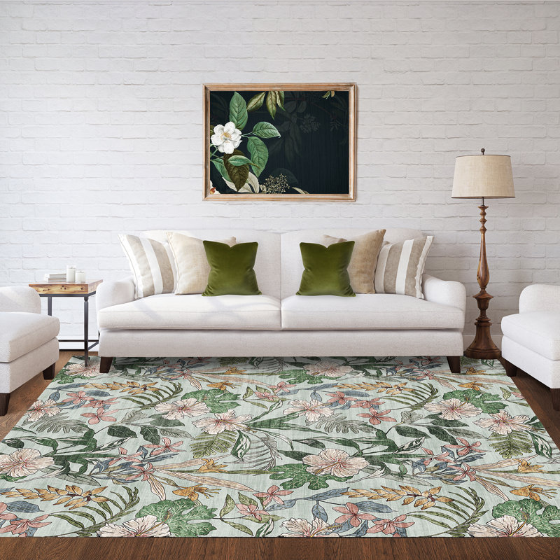 Rayna Thea Green Ivory Pink Orange Machine Washable Bold Floral Indoor Area Rug, Flat Pile & Slip-Resistant for Living Room & Bedroom - Green, 8x10