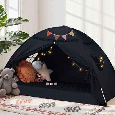 Kids Bed Tent Canopy with Lights & Flags - Portable Foldable Indoor Floor/Bunk Bed Tent for Single Size, Privacy Playhouse Sleeping Space for Boys Girls, Bedroom Decor & Ideal Kids Gifts (Black)