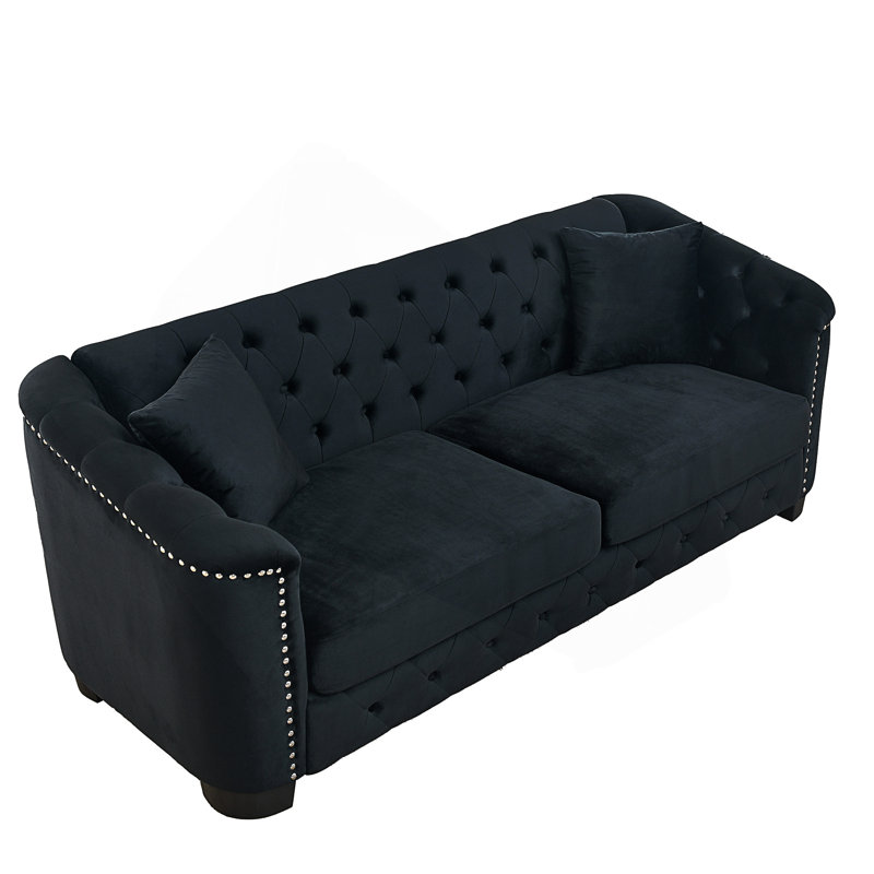 Canapé Chesterfield moderne en velours avec dossier capitonné et garniture cloutée, Velours noir