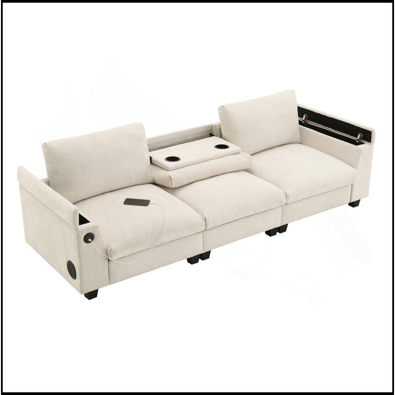 Canapé modulaire 96 * 35 po Chenille avec haut-parleur Bluetooth, ensemble de canapé Comfy Cloud avec table rabattable, porte-gobelets, chargeur USB, accoudoir de rangement, canapé à large siège pour salon, appartement, bureau,