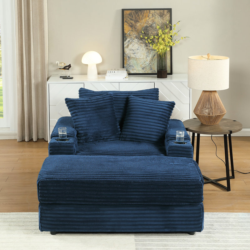 Confortable 1 velours côtelé bleu avec 2 coussins décoratifs et un canapé de siège profond pour le salon, tissu de luxe, structure à haute éponge et ressorts, soutien ergonomique réfléchi, coussin lombaire,