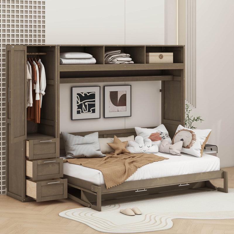 Lit escamotable double avec garde-robe, tiroirs et tablettes