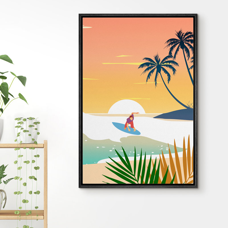 Coastal Beach " Surfing On The Waves At Sunset ", Black Framed, 24" H x 16" W x 1.5" D