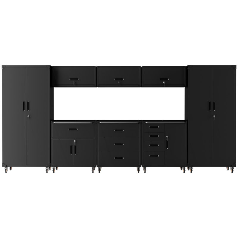 Ensemble de rangement pour garage 8 pièces, comprenant des armoires métalliques à roulettes, 3 armoires murales, 2 armoires à panneaux perforés et un coffre à outils verrouillable.