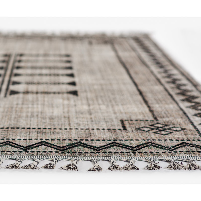 Black and Beige Synthetic Flat Woven Rectangular Rug