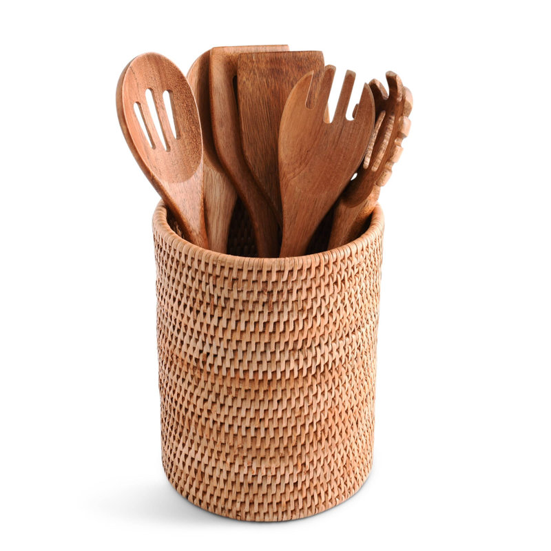 Handwoven Natural Rattan Textured Utensil Crock