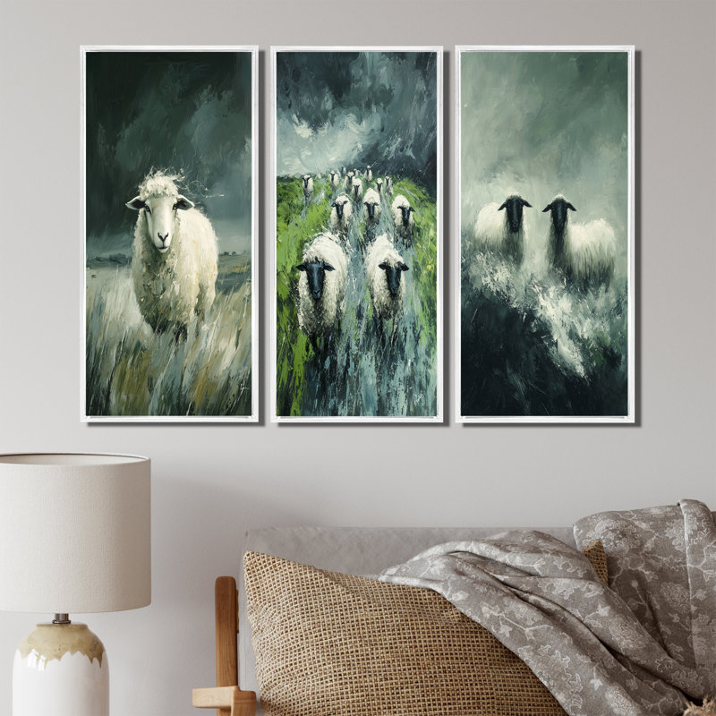 Collection de décorations murales Stormy Pasture Of Sheep I - Sheep, H 32 po x l 48 po, Impression encadrée flottante, Blanc