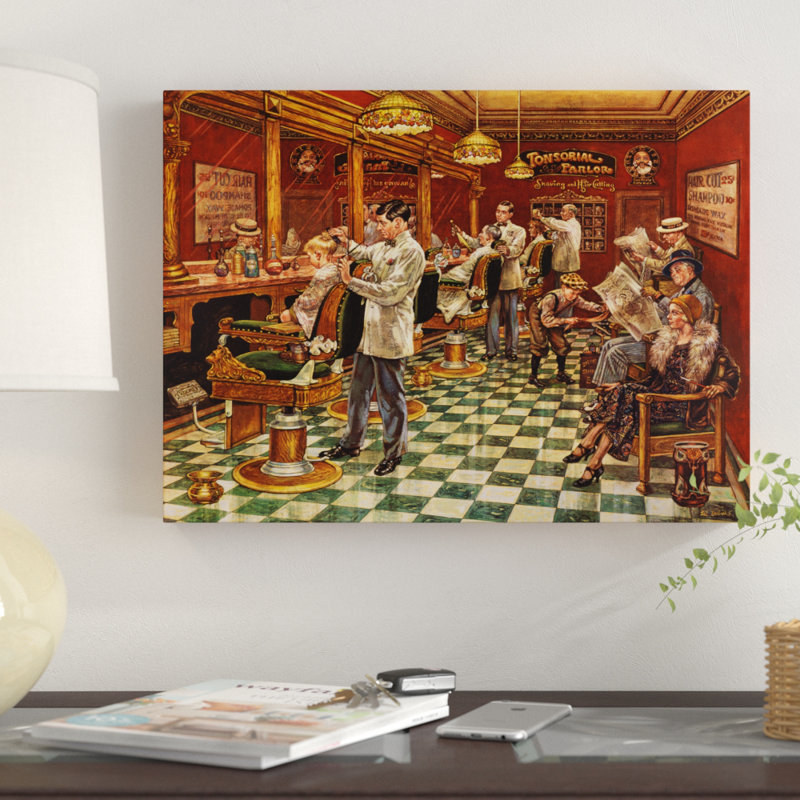 « tonsorial salon », reproduction de peinture à l’acrylique sur toile tendue, H 14 po x l 19 po x P 2 po