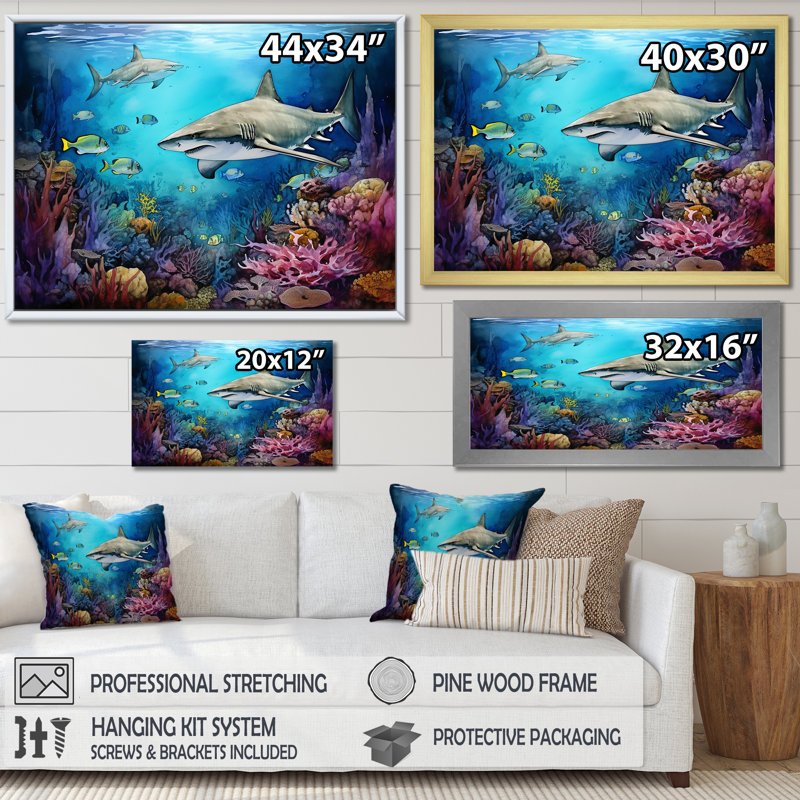 Shark Haven Under Water, reproduction d'art sur toile I, Toile tendue, H 12 po x l 20 po x P 1 po