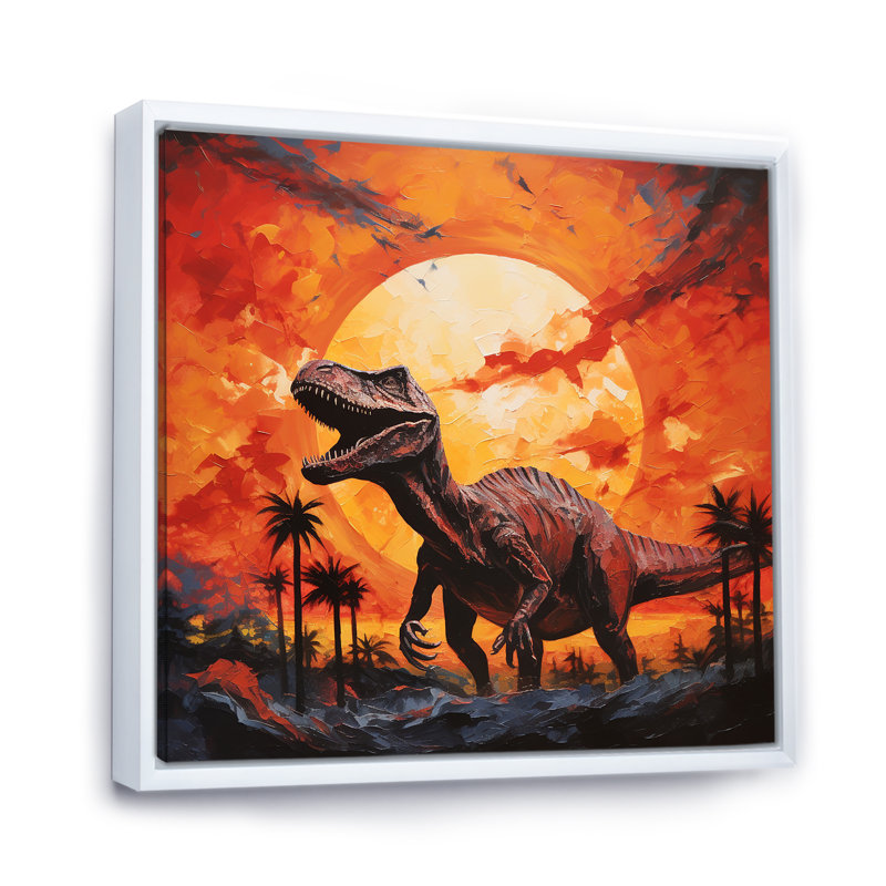 Coucher de soleil de dinosaure rouge et jaune I - art de mur de dinosaure, Cadre flottant blanc, H 36 po x l 36 po