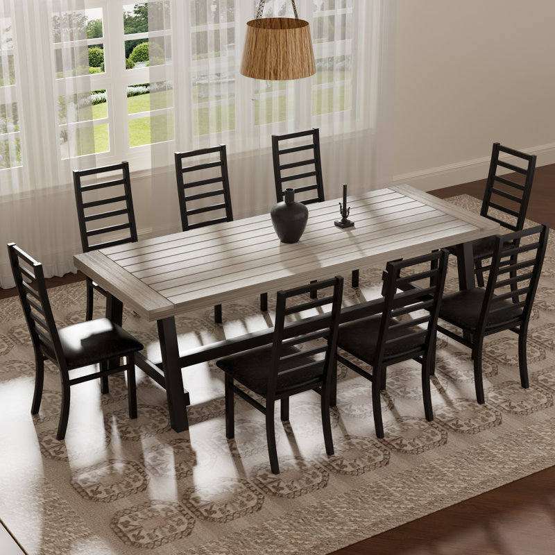 Ensemble de salle à manger rectangulaire en bois avec dossier haut, Noir, Gris clair, Noir