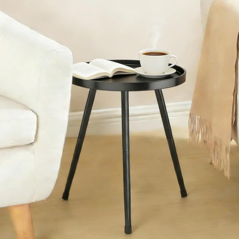 Black Metal Round Side Table - Tool-Free Assembly Indoor Outdoor Accent Table with Raised Edges