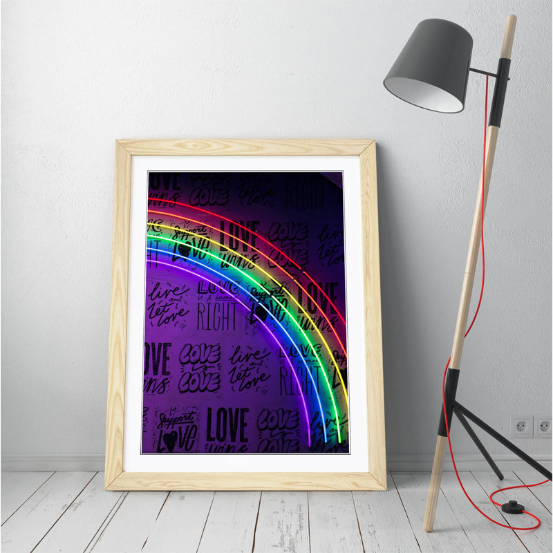 Neon Lights Rainbow Love - Print on Canvas, 47cm H x 35cm W x 2cm D, White Framed