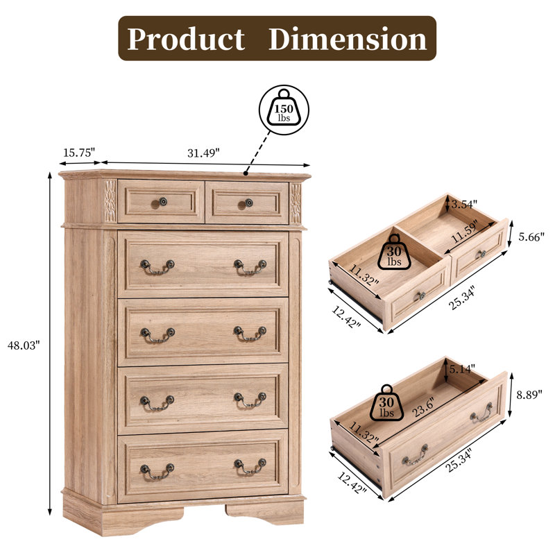 Commode 6 tiroirs 31,49 po, Naturel