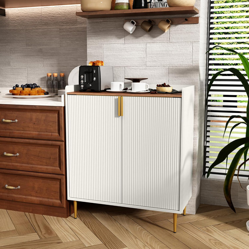 Sideboard Buffet Cabinet with Fluted Texture, Modern Coffee Bar Cabinet with Wine Rack&Drawers, White