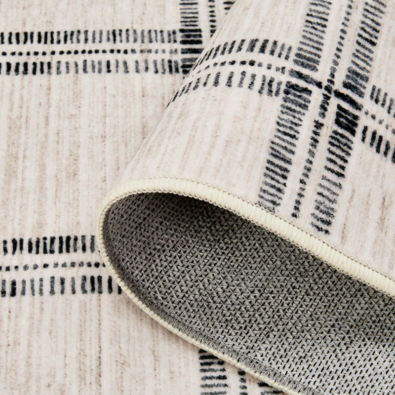 Rectangle Geometric Washable Area Rug, Beige, Runner 60 x 230 cm