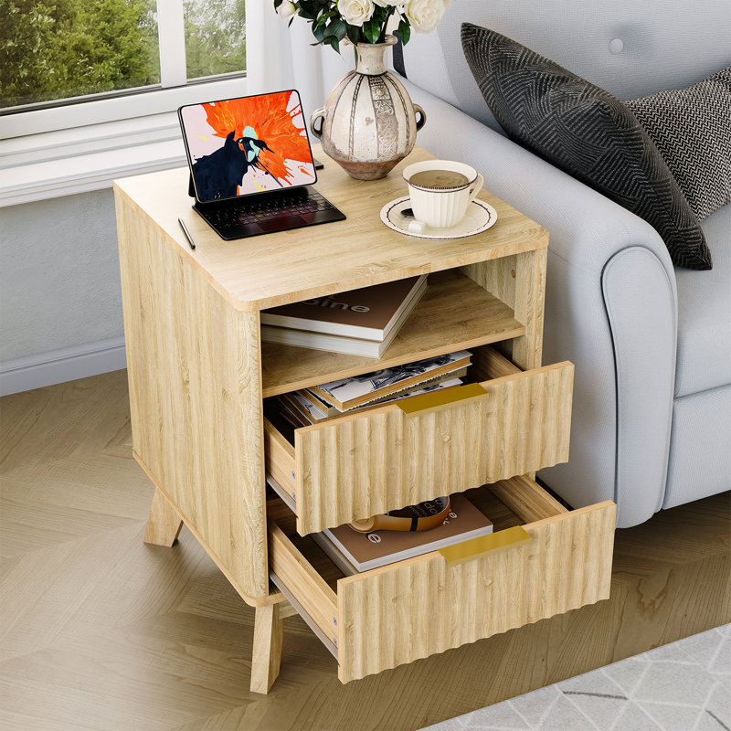 18" Fluted Nightstand with Charging Station, 2 USB Ports & AC Outlets, 2 Drawers and Open Cubby, Natural Oak Bedside Table with Modern 6-Inch Legs
