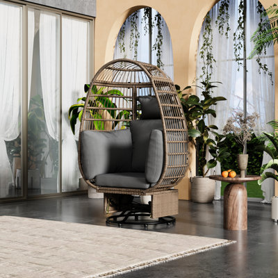 Fauteuil de patio en forme d'œuf avec coussins - Coussin pivotant en soie pour l'extérieur, véranda naturelle et grise, balcon