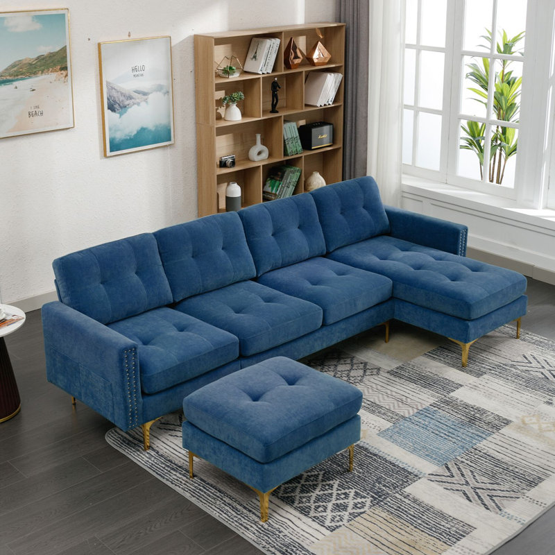 Canapé modulaire convertible en L 110 po, Velours bleu, Doré
