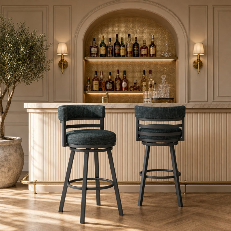Tabouret de bar pivotant Olney à dossier incurvé et revêtement en tissu, hauteur comptoir ou bar, Graphite tissé
