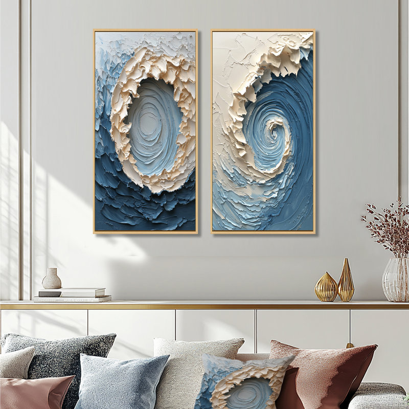 Ensemble de 2 pièces de vortex blanc océanique accentué de bleu I - Spirales abstraites, H 28 po x l 24 po, Érable