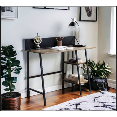 Rustic Oak and Black Writing Desk with 2-Tier Storage and Smartphone Holder for Modern Workspaces