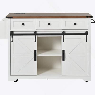 Farmhouse Kitchen Island with Power Outlet, Sliding Barn Doors, and Drop Leaf for Versatile Storage and Functionality