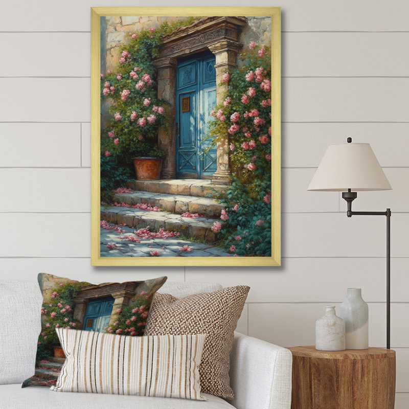 Porte de jardin bleue et rose Robertina III sur toile, H 32 po x l 16 po x P 1 po, Encadrement doré