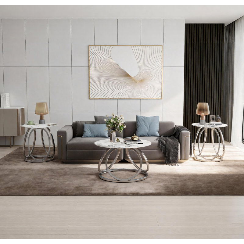 Living Room Table Set, Calacatta Gold/Silver