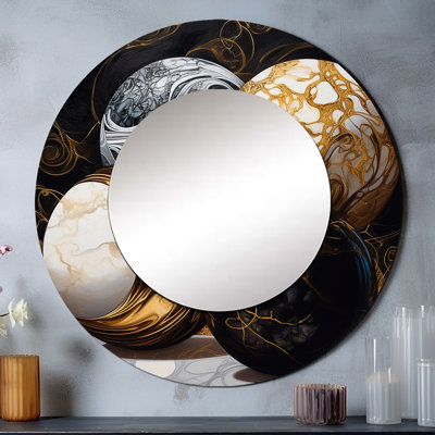 Saru Gold Fragmented Forms - miroir mural décoratif cubique, grand miroir rond doré, impression d'art en métal