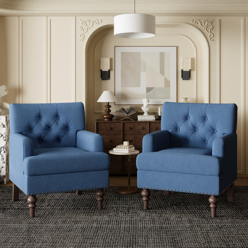 Luxury Tufted High Leg Armchair with Nailhead Trim and Plush Thick Padded Cushion, Blue Fabric