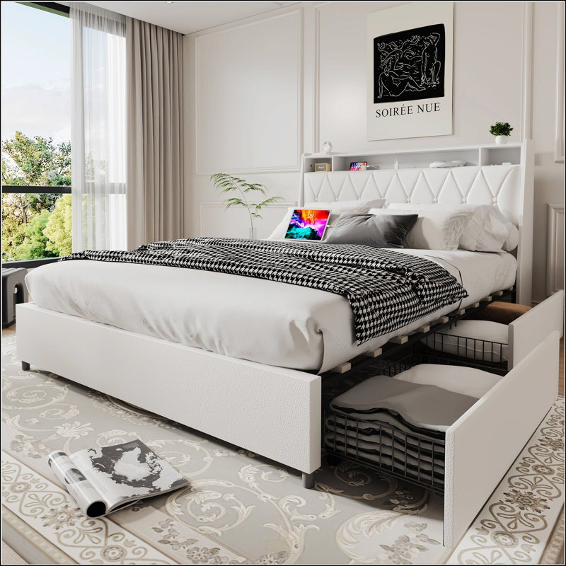 Structure de grand lit avec tête de lit ergonomique, plateforme, prises intégrées, chargeur et tablette de rangement, sans bruit, aucun sommier nécessaire