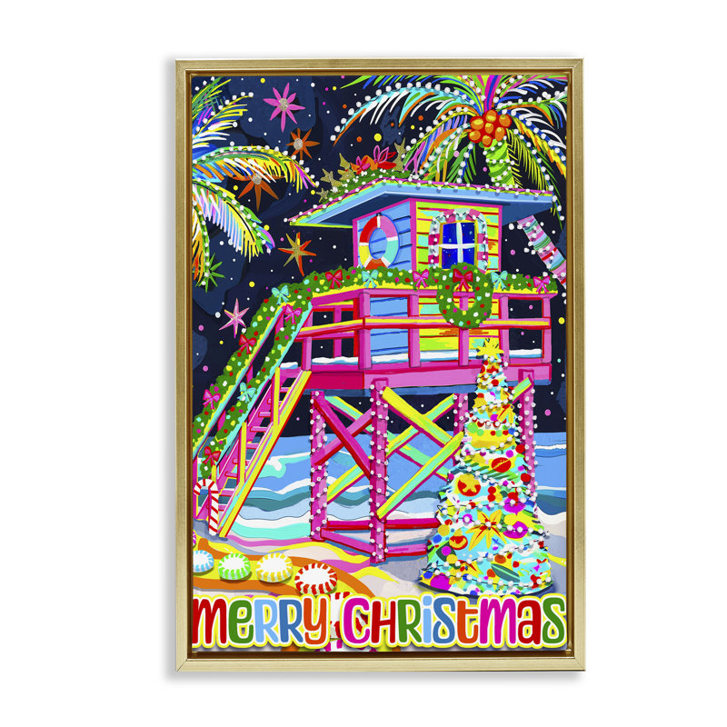 Toile de Noël fantaisiste bord de mer par Jess Stempel, Cadre flottant métallique doré, H 25 po x l 17 po